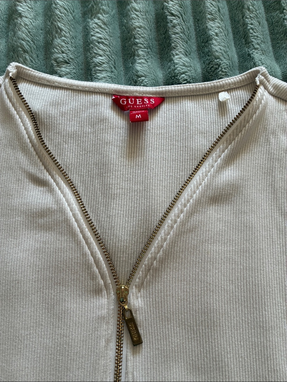 GUESS Cream Ribbed Long Sleeve Zip-Neck Top - Picture 2 of 3